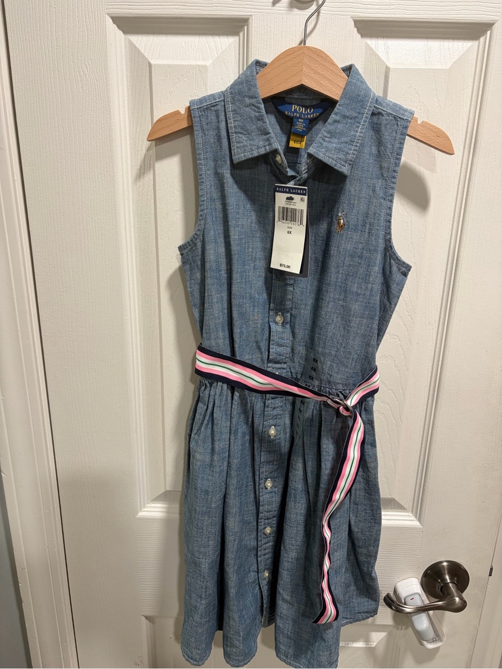 Ralph Lauren Girls' Sleeveless Chambray Dress with Stripe Belt - Blue